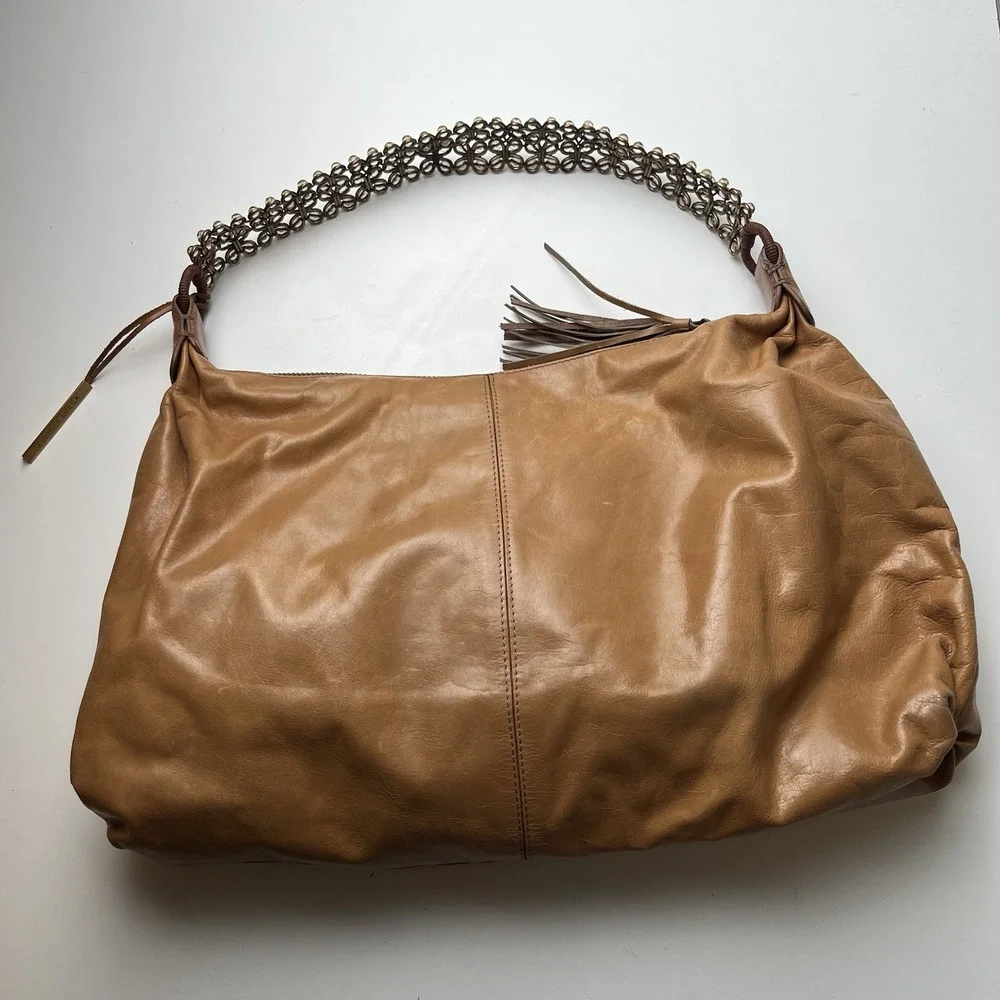 Elliott Lucca Worn-Look Brown Leather Purse With Bead & Metal Strap